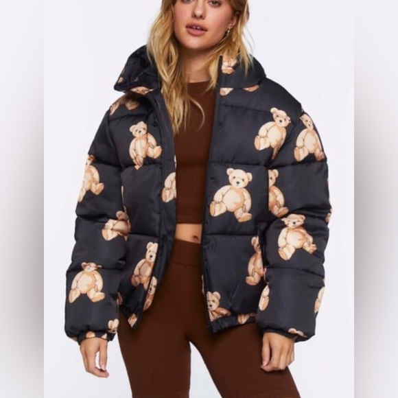 278. Forever 21 Teddy Bear Print Puffer Jacket Black Printed Small - Picture 6 of 8